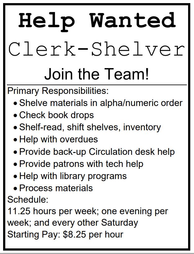 Help Wanted: Clerk-Shelver | Iola Public Library