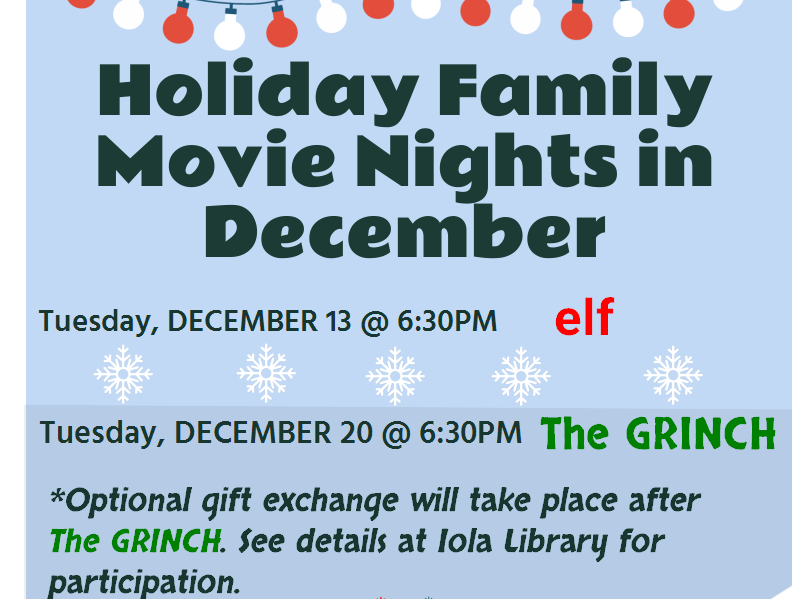 Holiday Family Movie Nights in December at the Iola Library