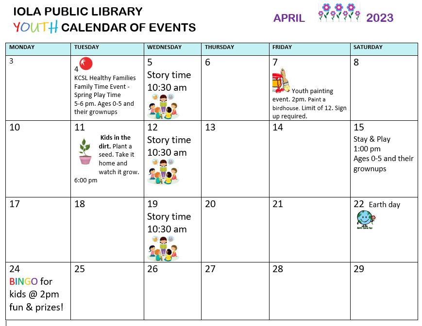 Youth Services April Calendar of events