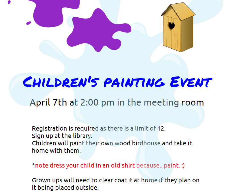 Youth to paint birdhouses @ Iola Public Library 4/7/2023 @ 2 pm.