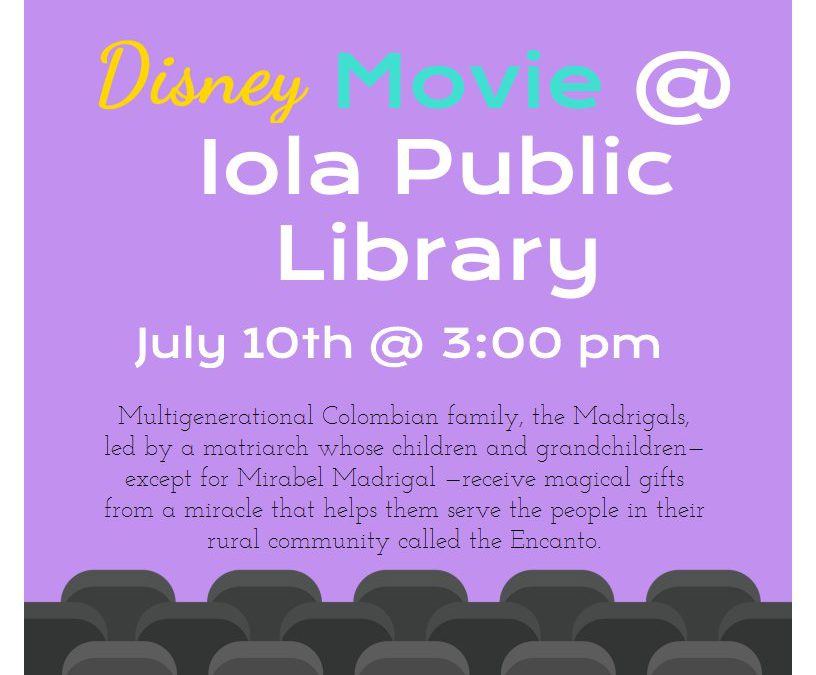 Youth Services will be showing a Disney Movie on Monday, July 10th at 3pm