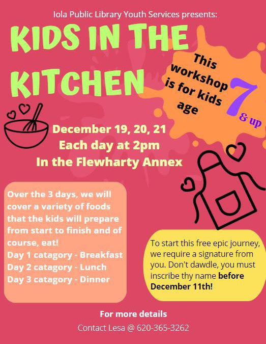 Kids in the kitchen – 3 day session for age 7 and up.